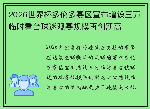 2026世界杯多伦多赛区宣布增设三万临时看台球迷观赛规模再创新高 2026世界杯多伦多赛区宣布增设三万临时看台球迷观赛规模再创新高